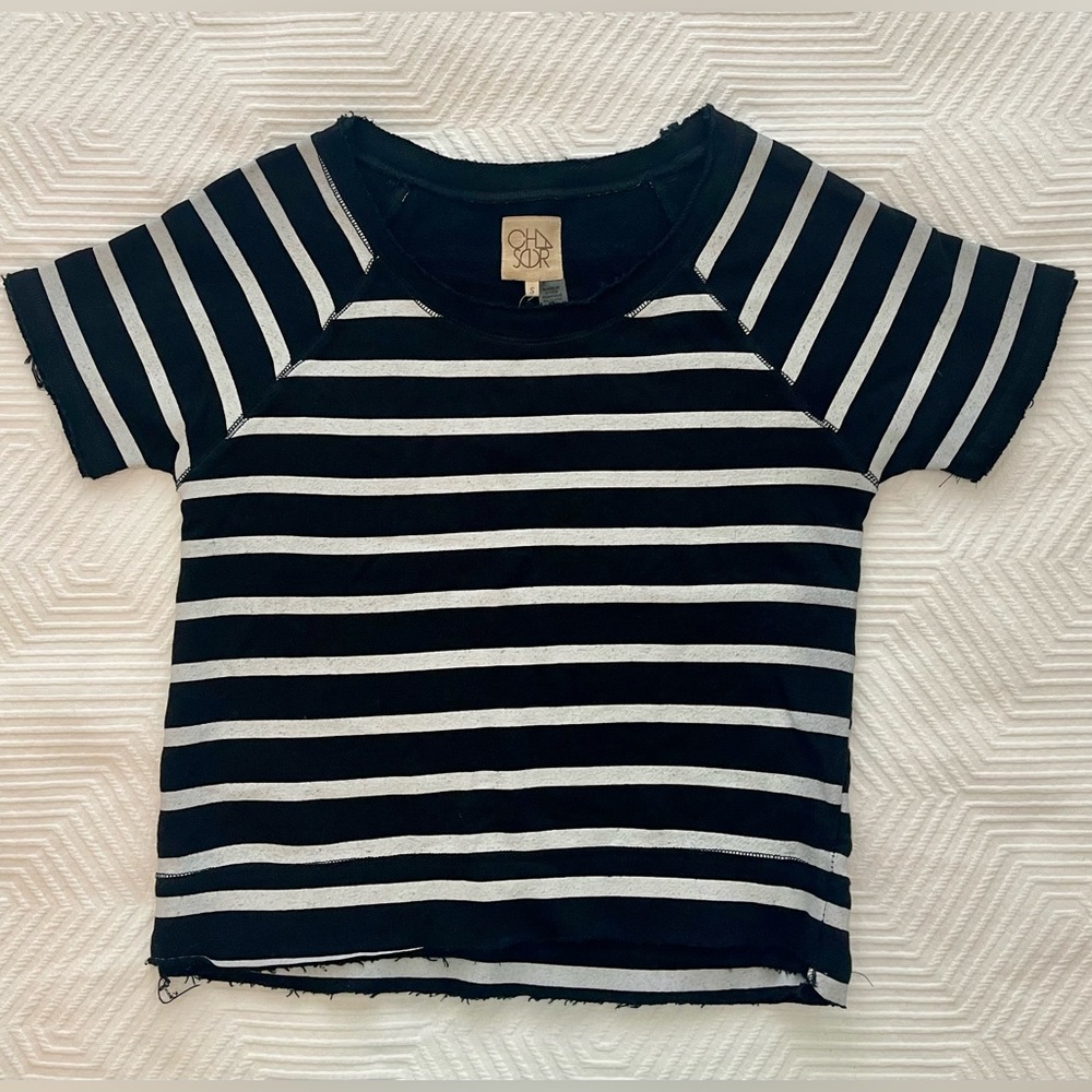 NWT Evereve Chaser Linen French Terry Short Sleeve Sweatshirt Striped Tee Size S